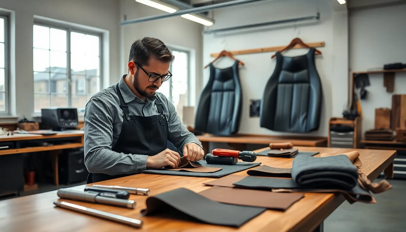 artisan working on a custom automotive interior in a bright workshop.