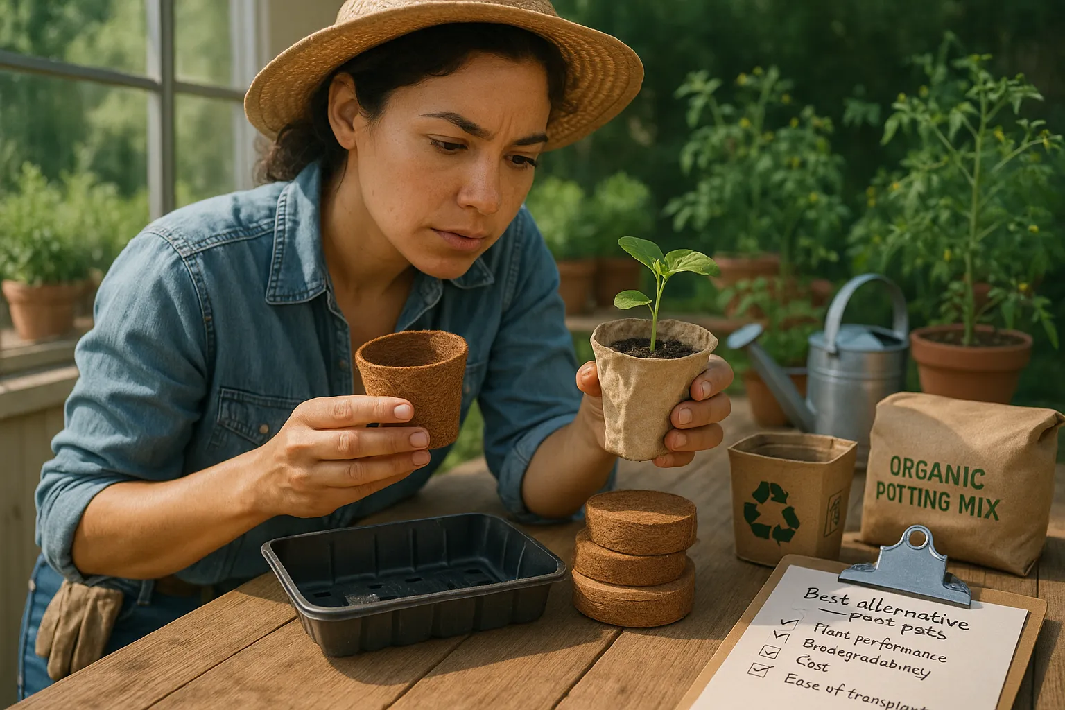 Gardener comparing coir, paper, and plastic pots at a sunny potting bench.