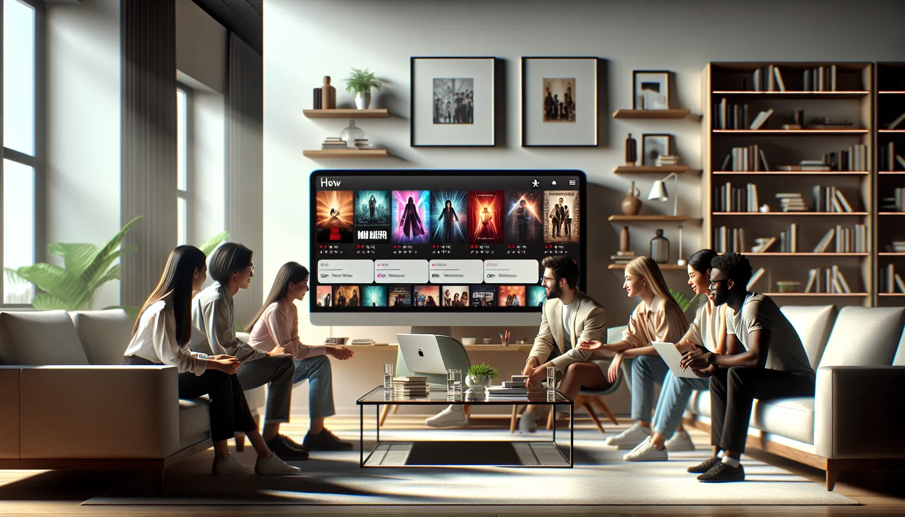 diverse team discussing Movieswap.com in a modern office.