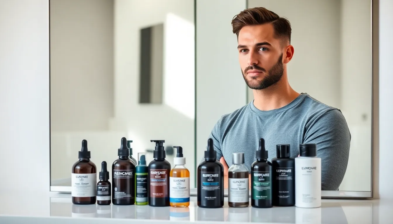 man assessing his skin type in a modern bathroom.