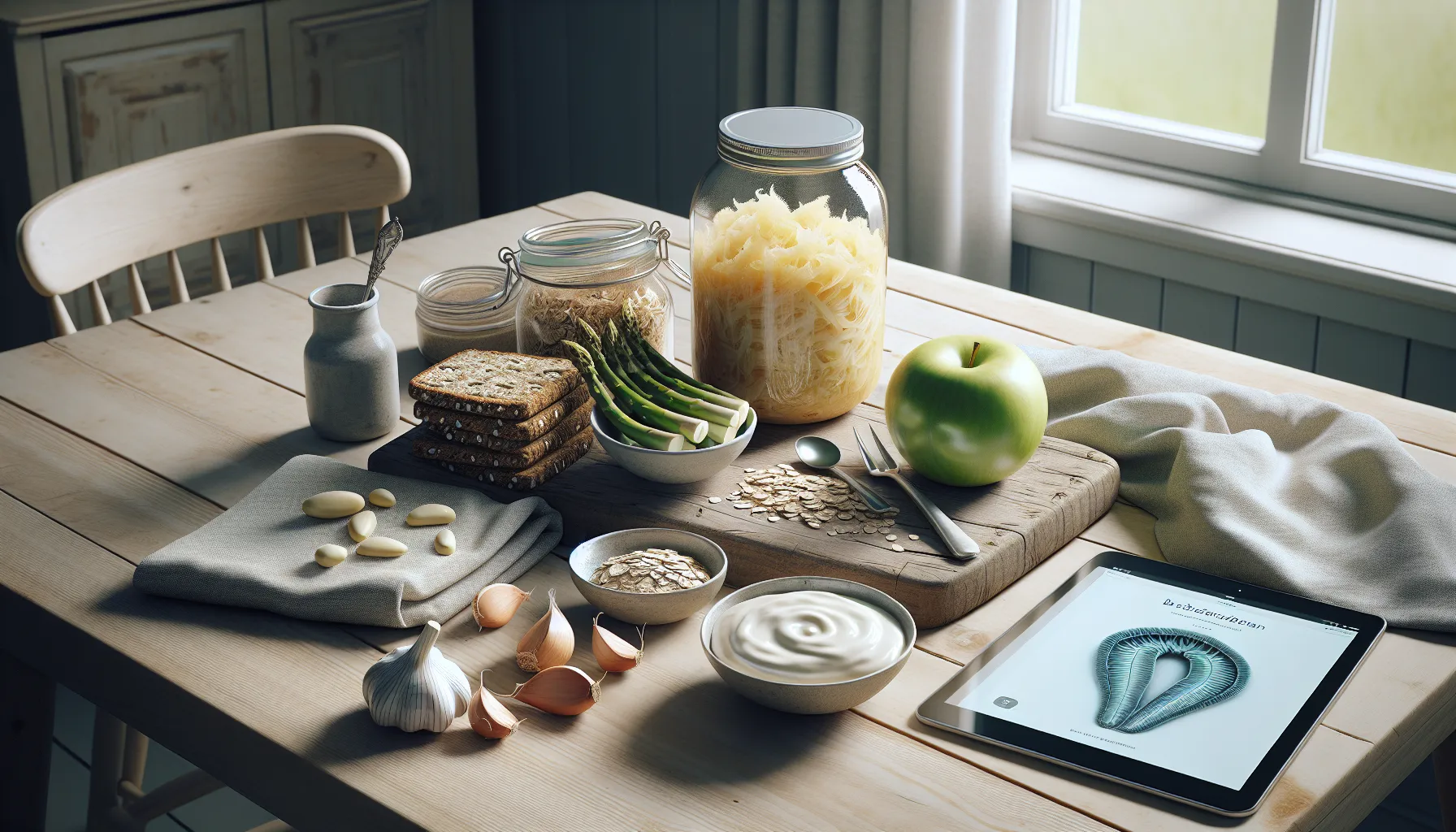Hva er forskjellen på probiotika og prebiotika? 2 Probiotic foods and prebiotic fibers balanced on a nordic kitchen table.