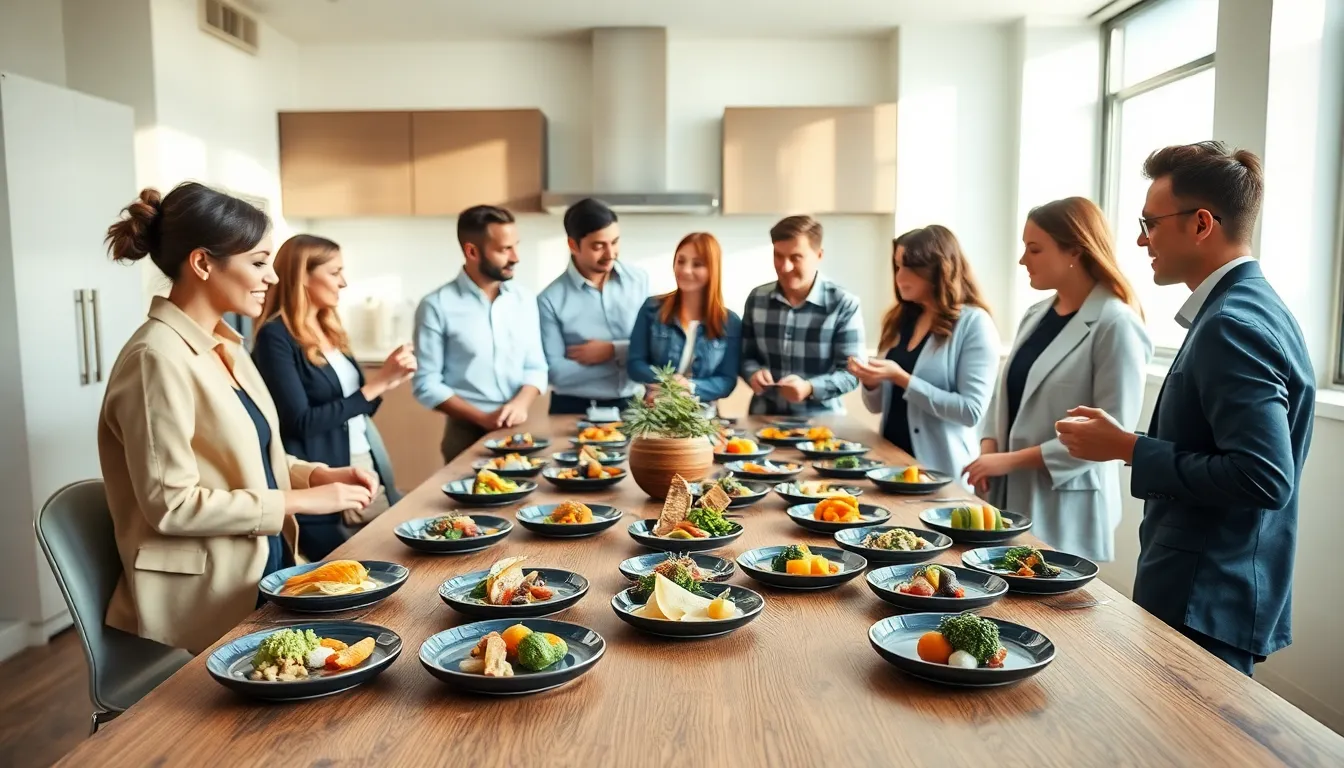 diverse group enjoying small plates of gourmet food in a modern kitchen.