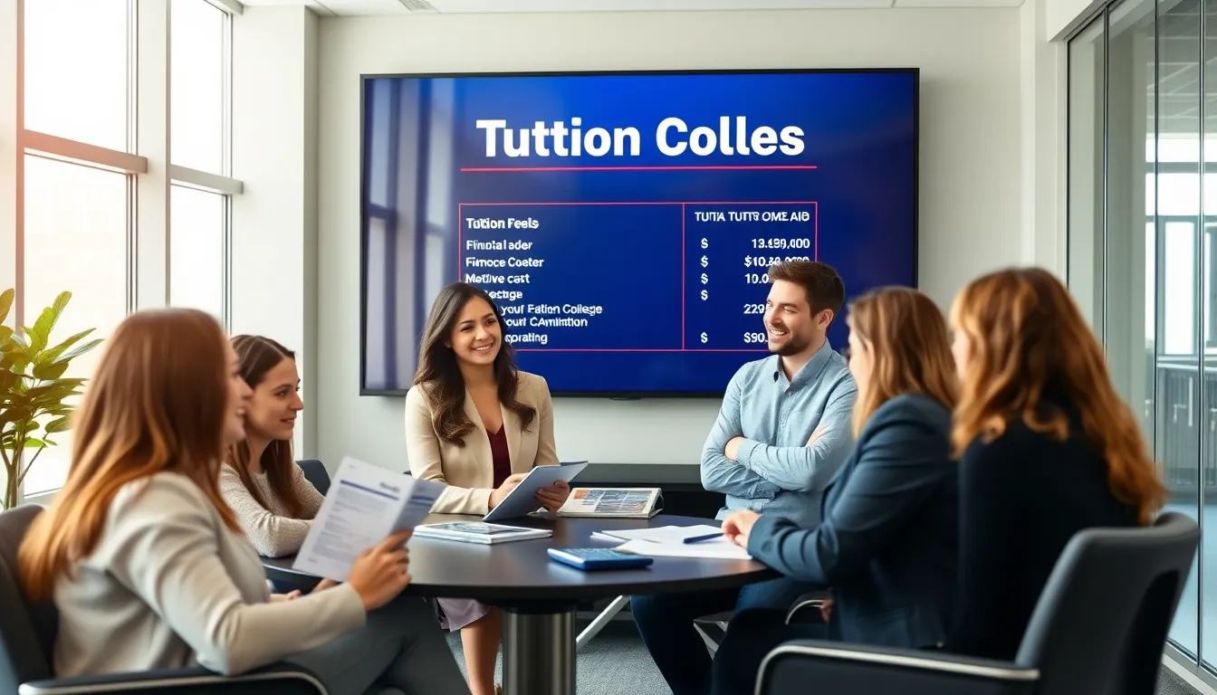 diverse group discussing college tuition in a modern office.