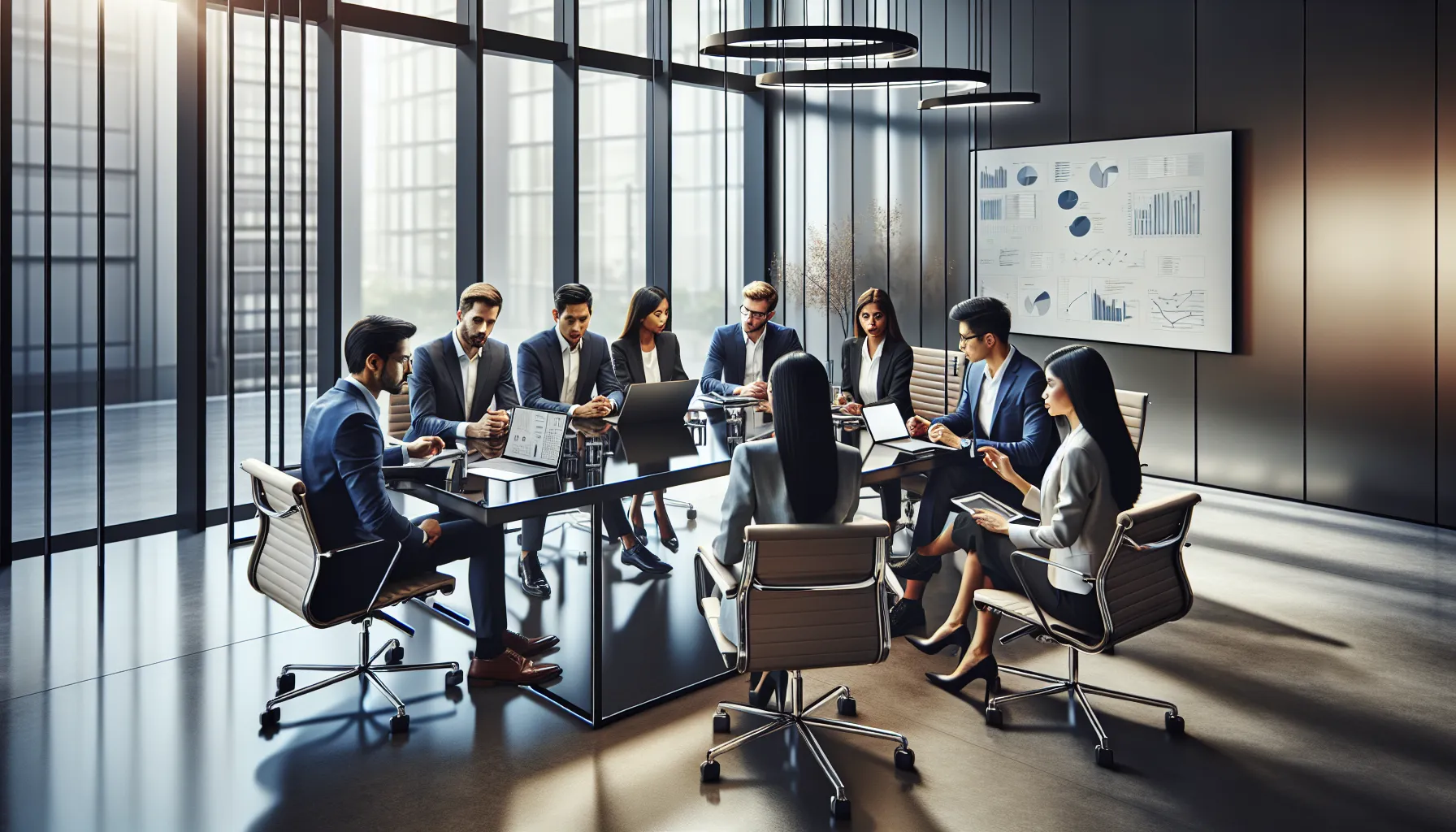 diverse professionals collaborating on numerical data in a modern office.