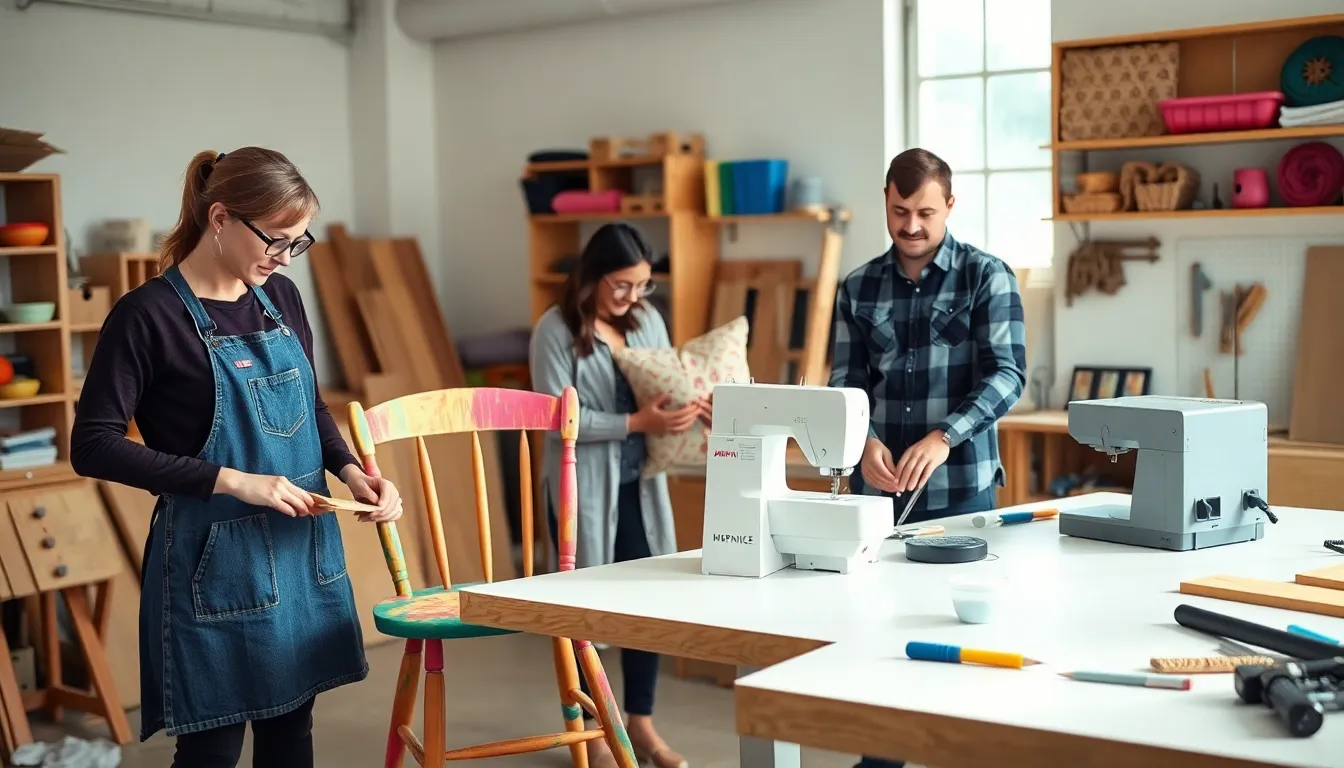 diverse group working on small DIY projects in a bright workshop.