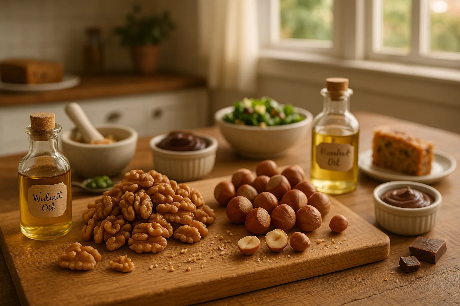 Close-up of walnuts and hazelnuts with oils, desserts, and salad nearby.