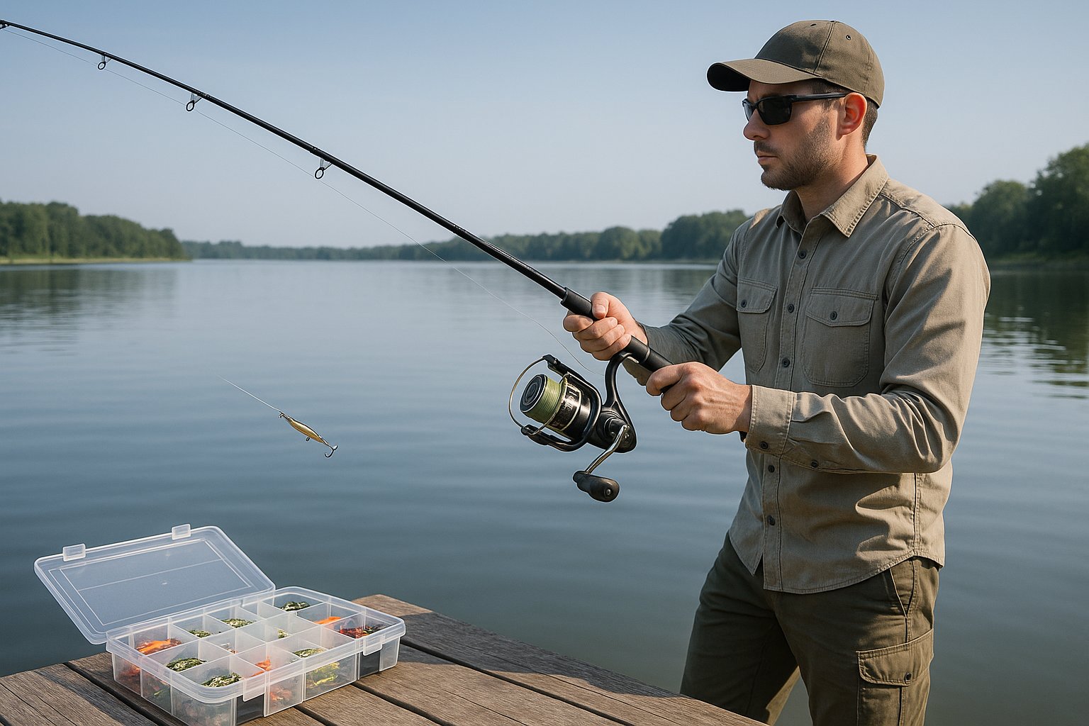 Angler practicing longer casts with spinning gear by a lake.
