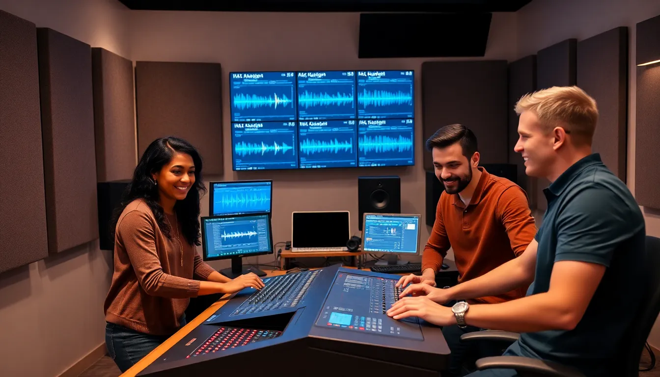 students collaborating in a modern audio technology lab.