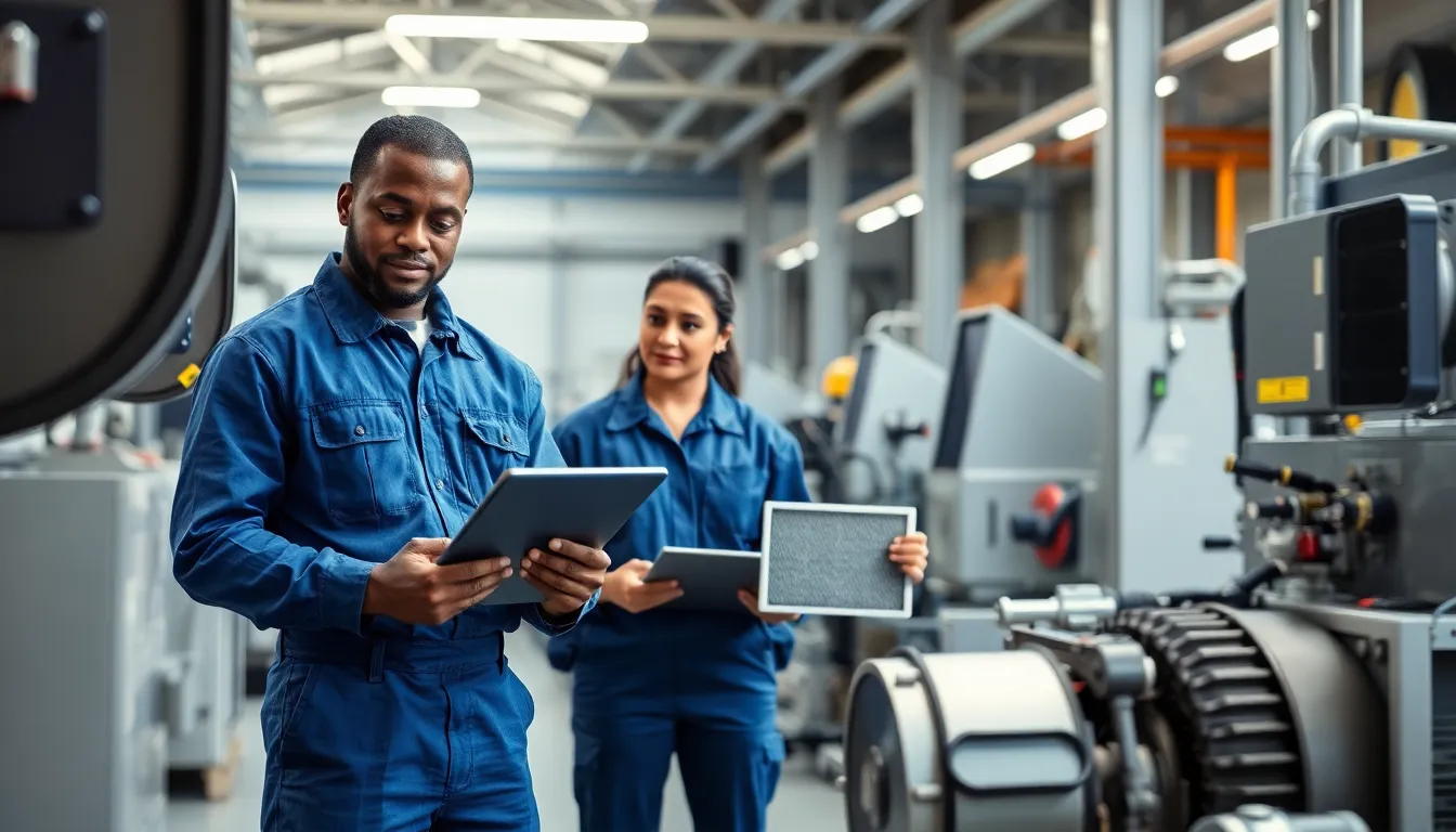 diverse technicians performing maintenance tasks in a modern industrial setting.