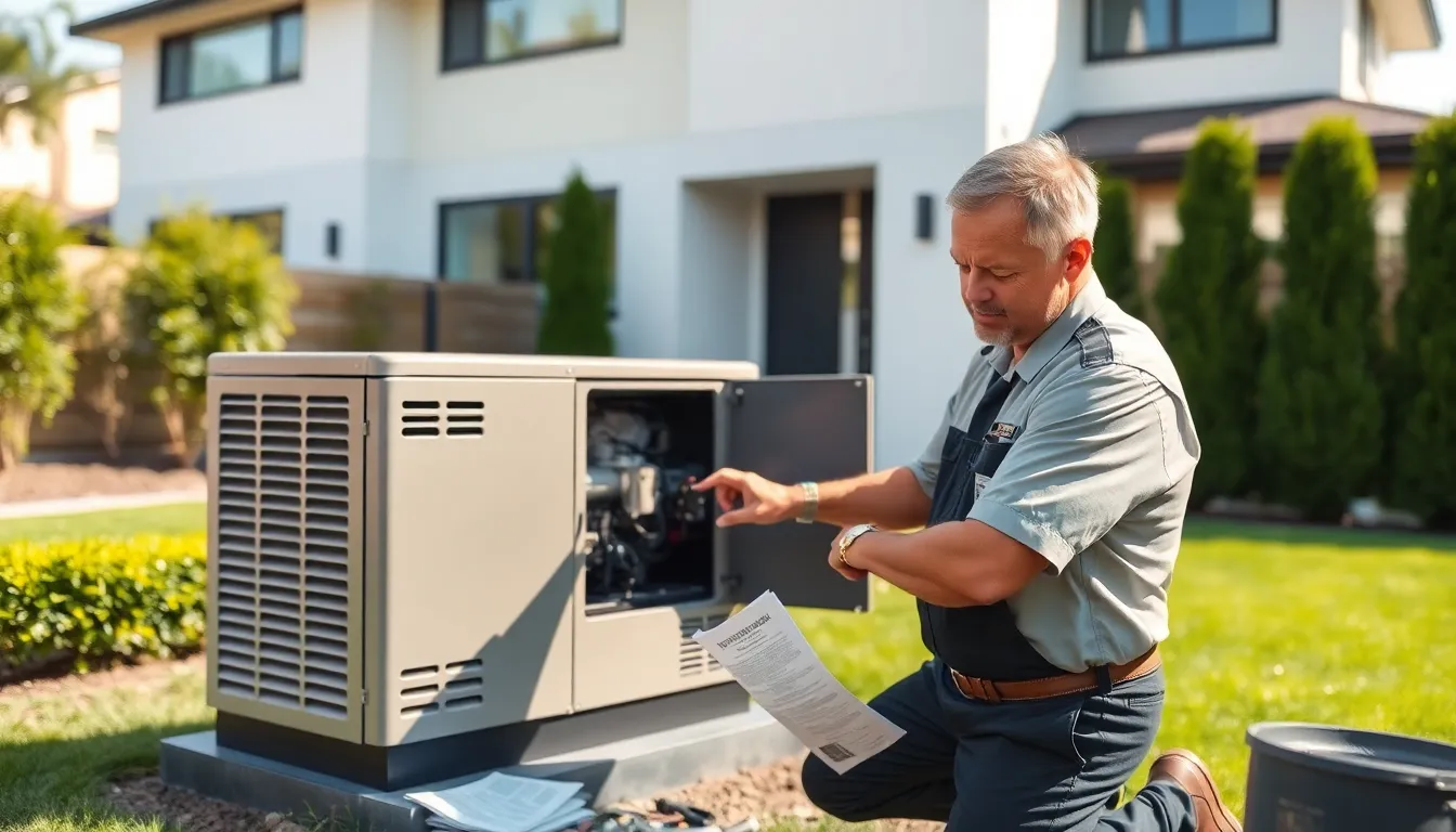 technician maintaining a whole home generator in a suburban backyard.