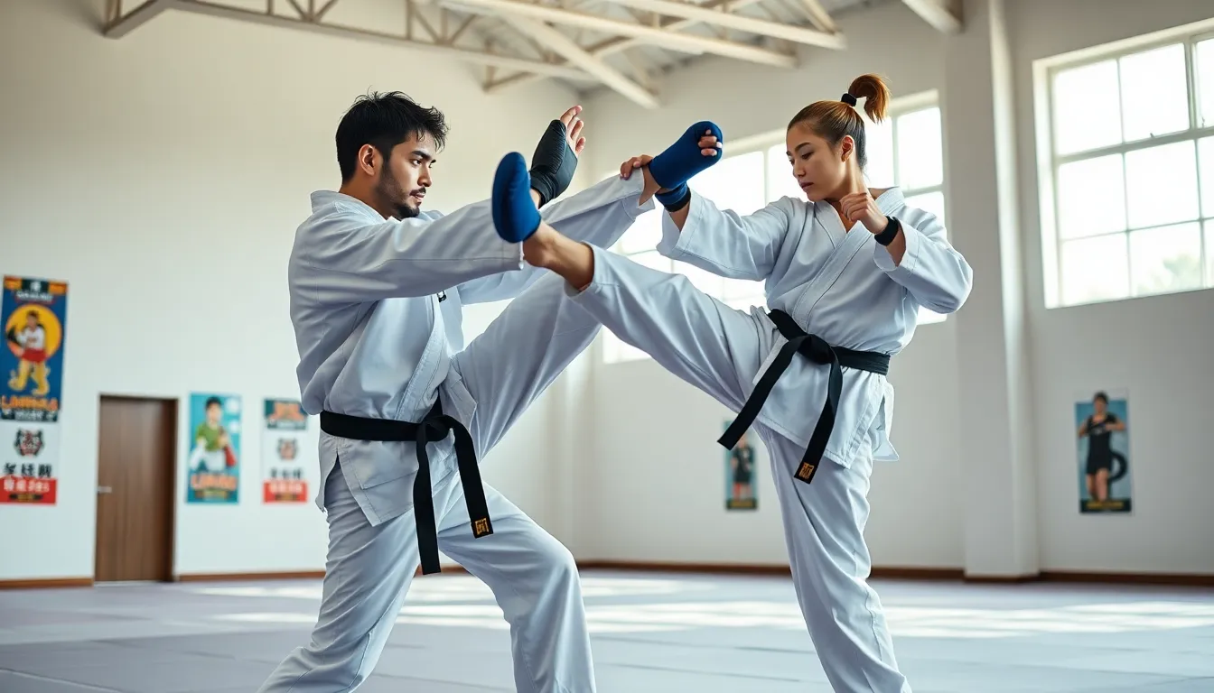 two taekwondo athletes sparring in a modern dojo.
