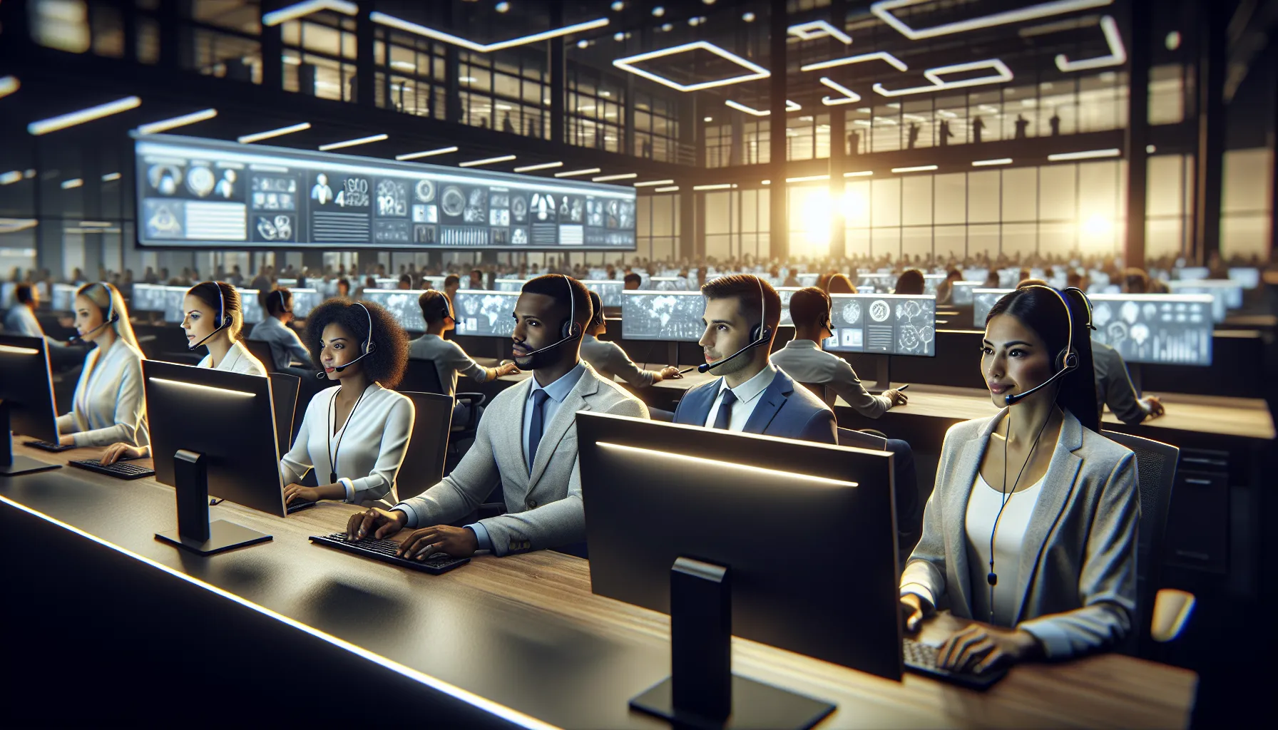 diverse team in a modern call center assisting customers.