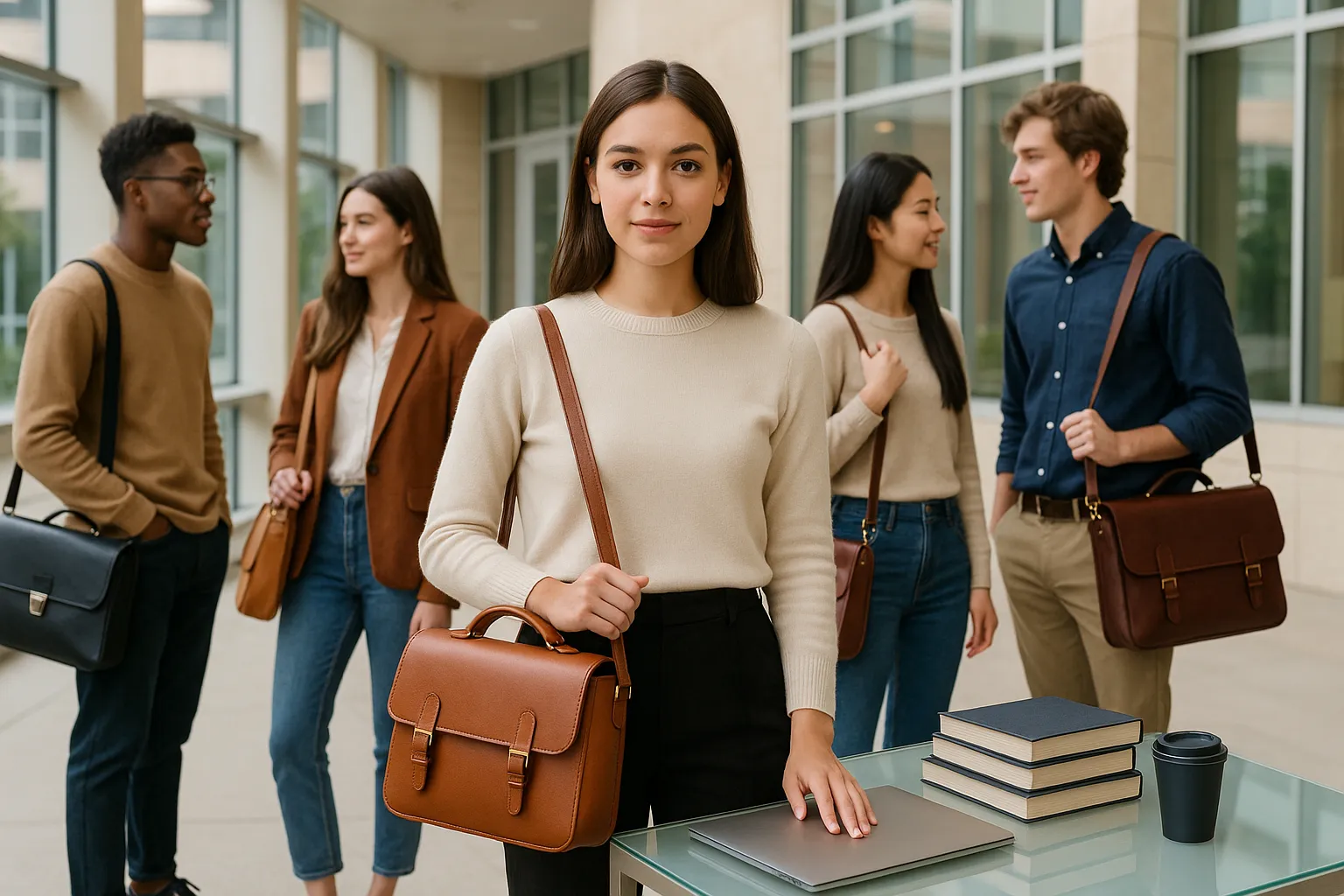 students with leather satchels in a modern campus setting