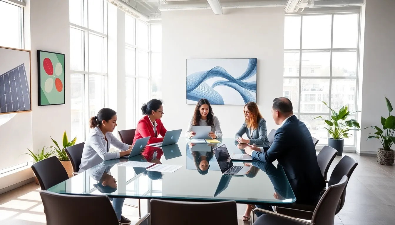 diverse team collaborating in a modern office setting.