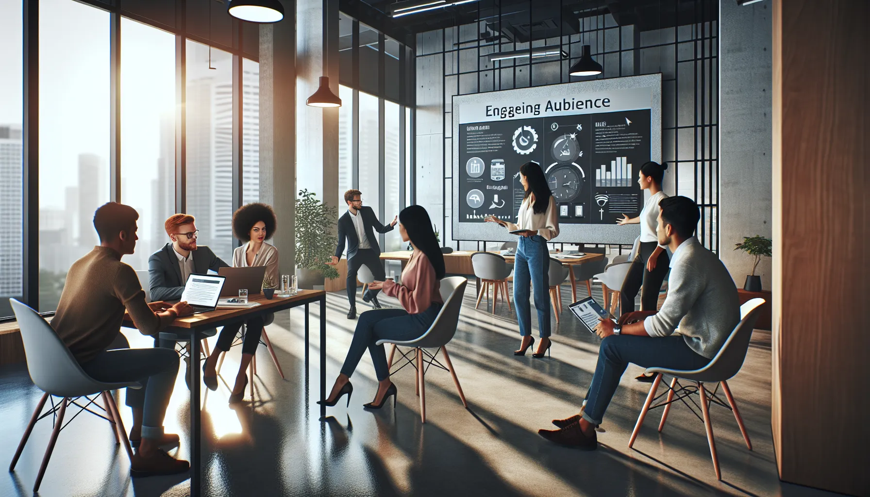 diverse team collaborating on blog engagement in a modern office