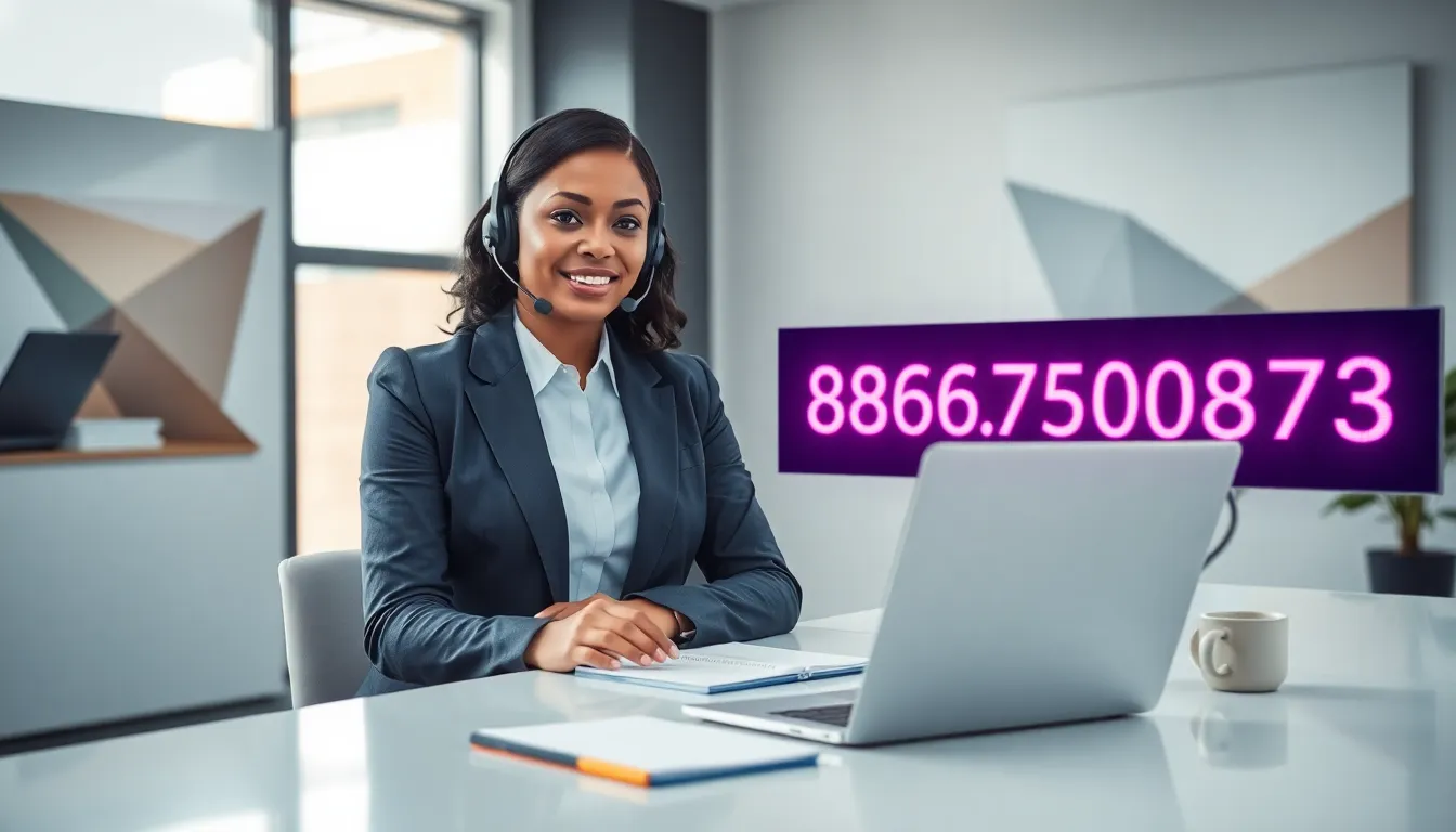 customer service representative discussing a toll-free number in a modern office.
