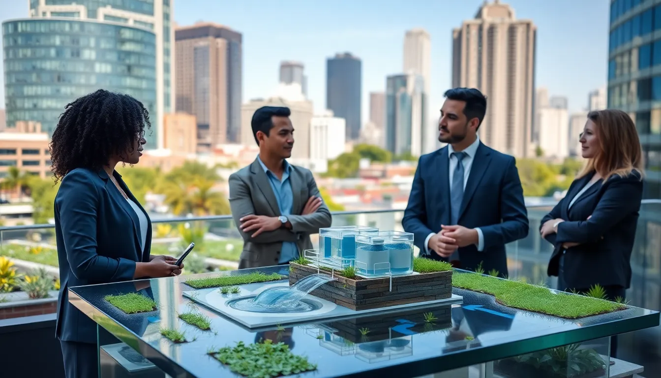 diverse professionals discussing sustainable water management in an urban setting.