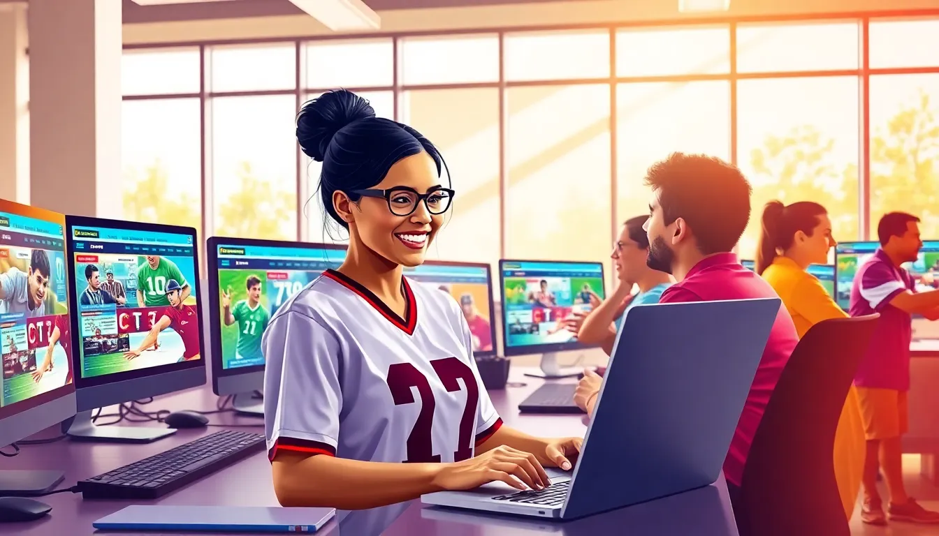 Diverse sports fans engaging in a modern workspace, discussing sports news.