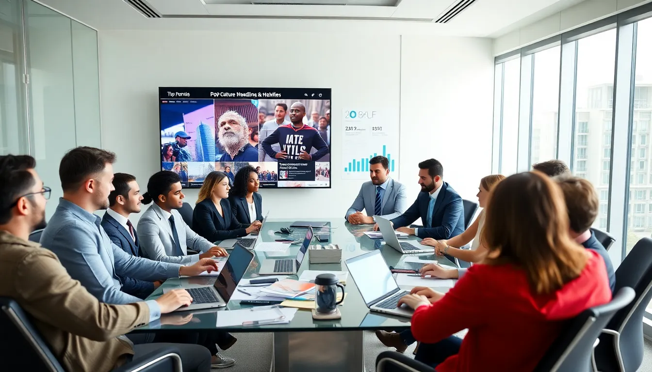 professionals discussing pop culture trends in a modern conference room.