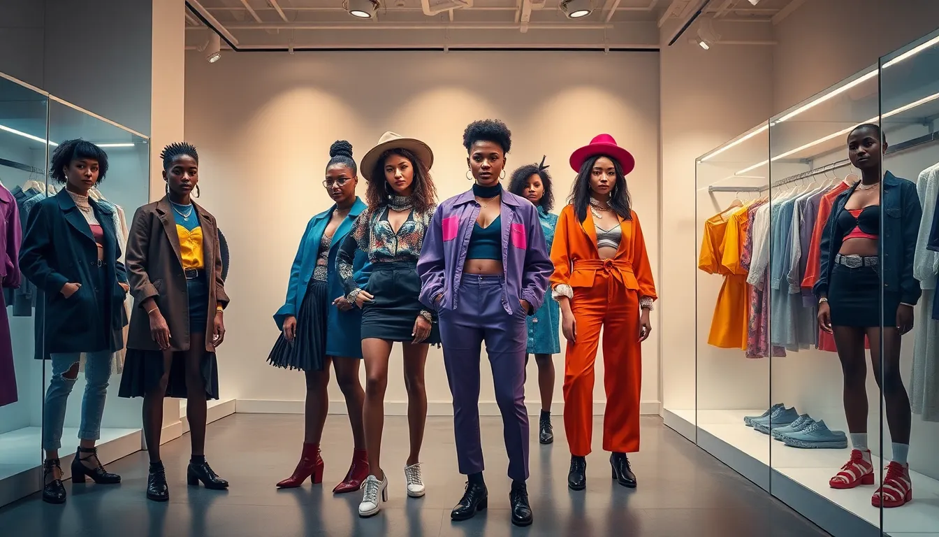 diverse individuals showcasing unique fashion in a modern boutique.