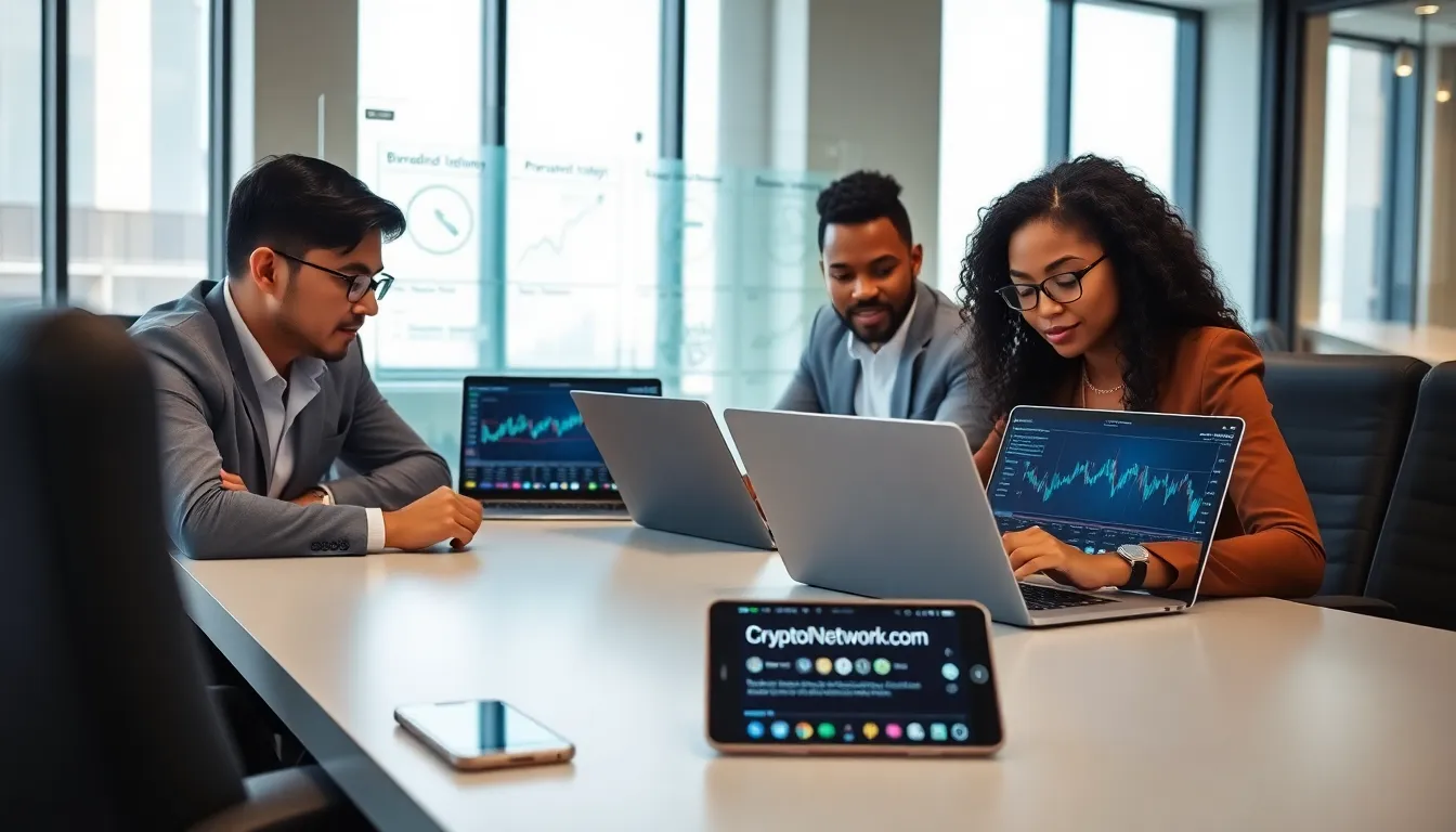 diverse team collaborating on cryptocurrency strategies in a modern office.
