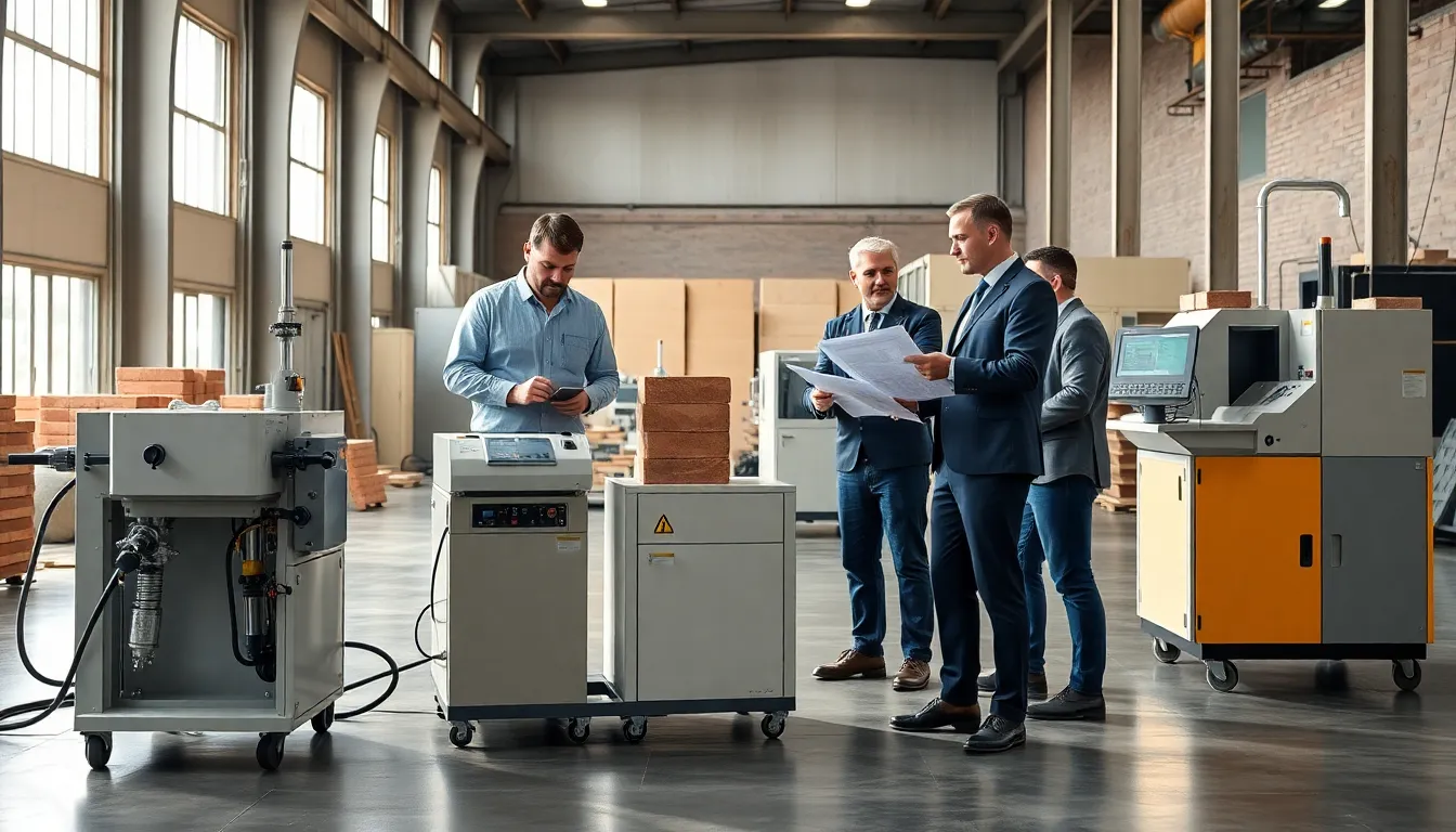 Engineers assess various interlocking brick making machines in a modern US factory.