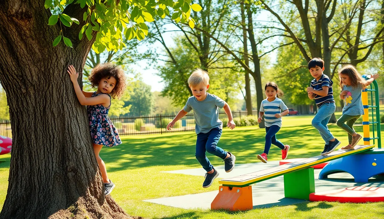 children engaged in risky outdoor play in a park setting.
