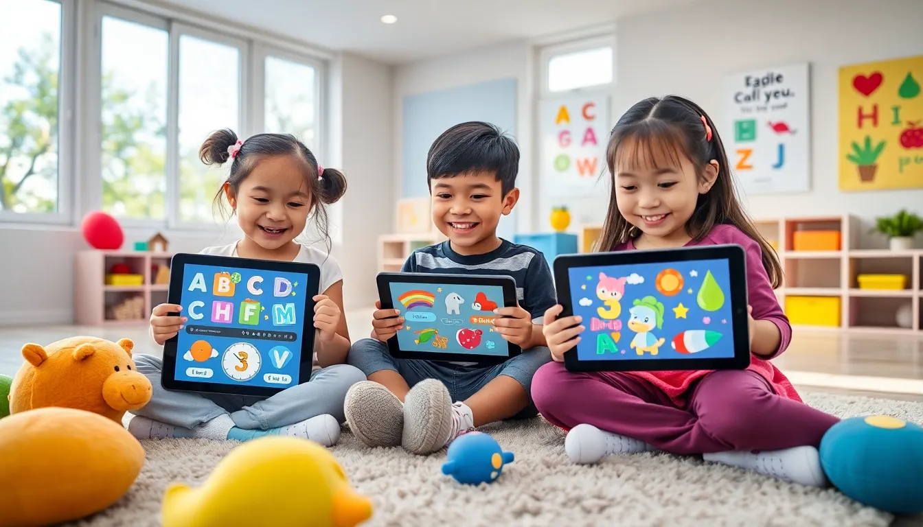 children playing with educational apps in a colorful playroom.