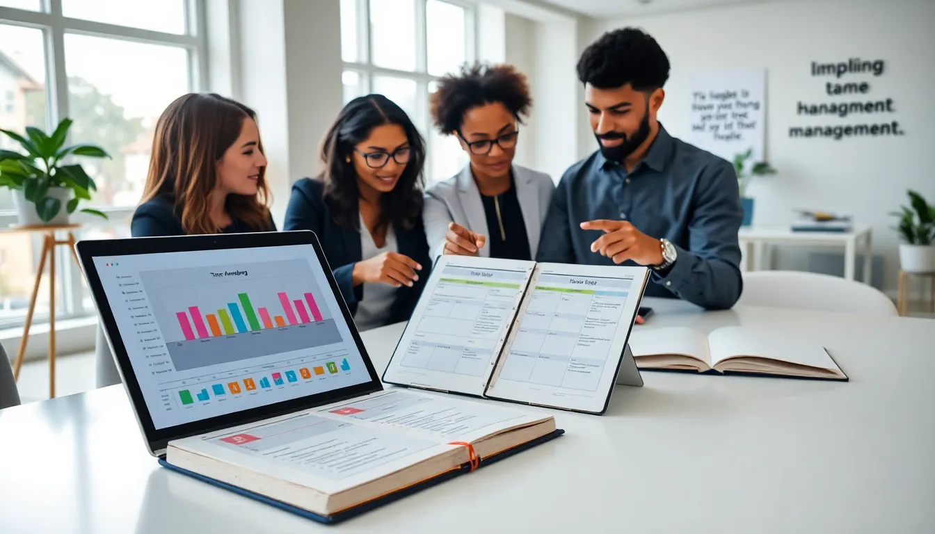 diverse professionals discussing time management in a modern office.