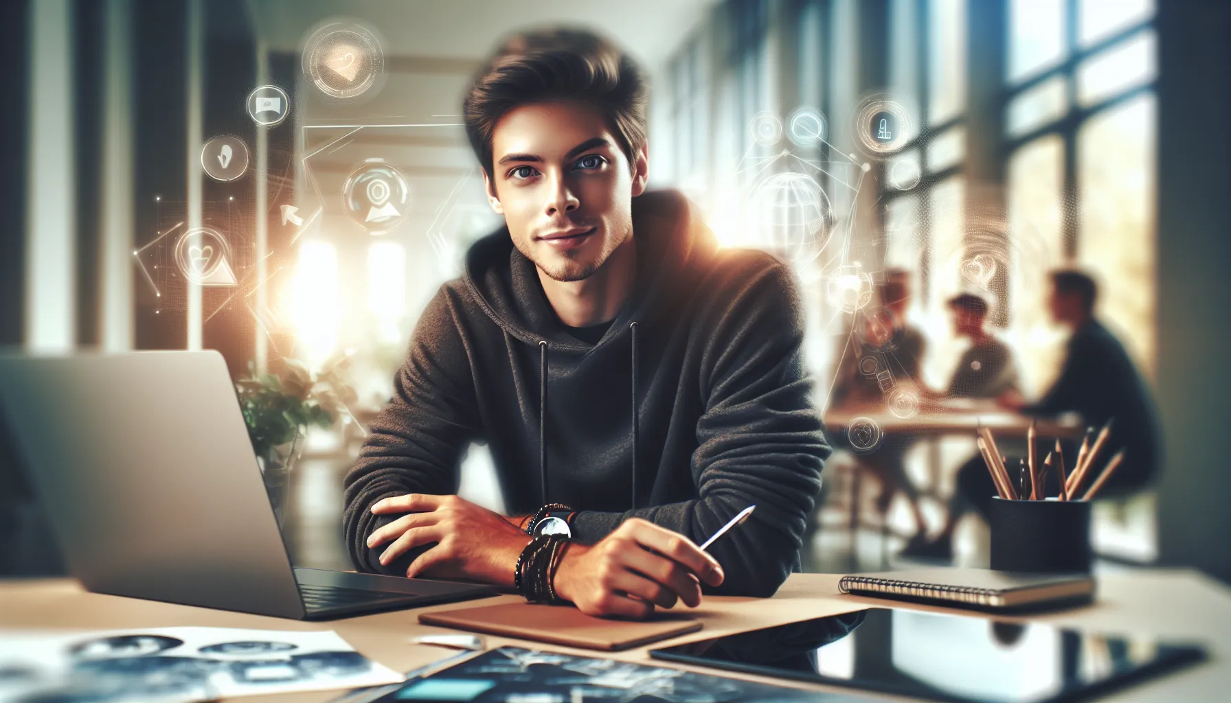 young man in a modern workspace symbolizing online persona.