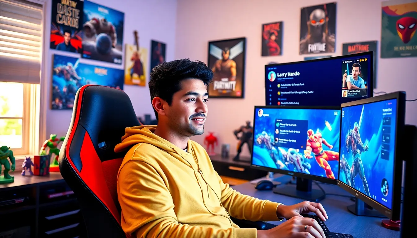 Larry Nando engaging with followers in his modern gaming setup.