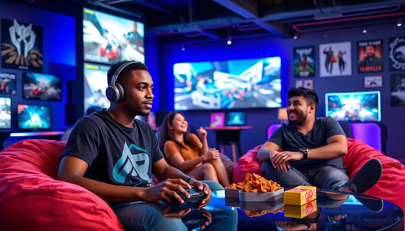a diverse group of gamers enjoying a high-tech gaming lounge together.