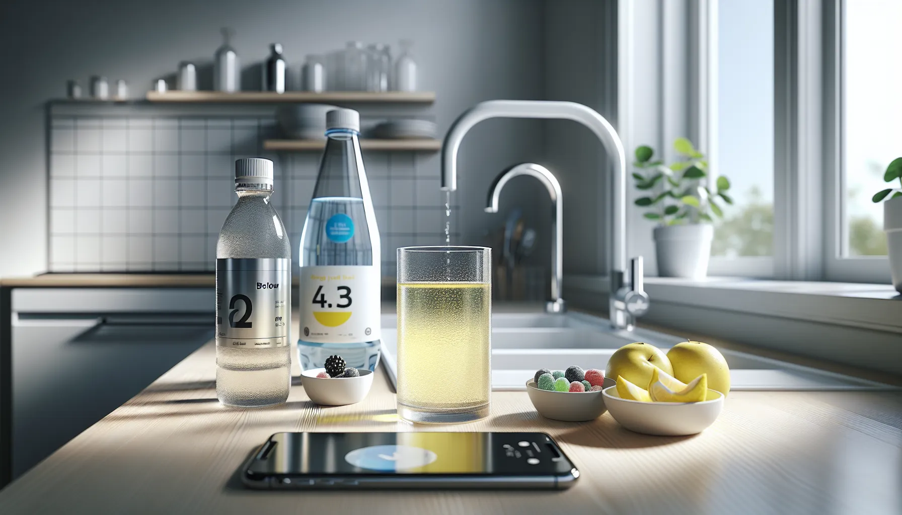 Glass of apple juice beside soda and sports drink on a kitchen table.