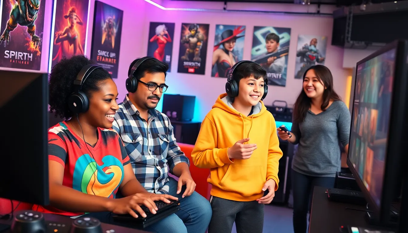a diverse group of gamers interacting in a lively gaming lounge.