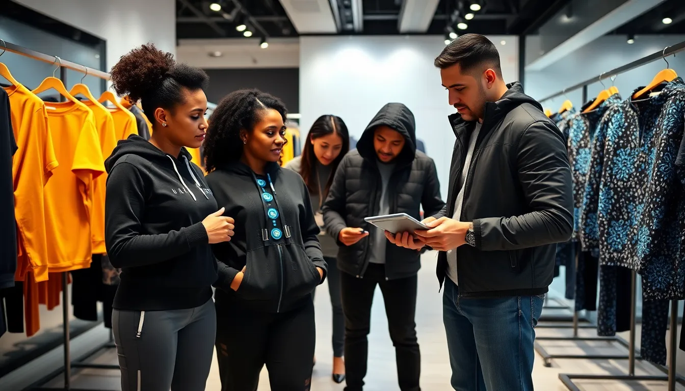 fashion professionals exploring wearable technology clothing in a modern showroom.