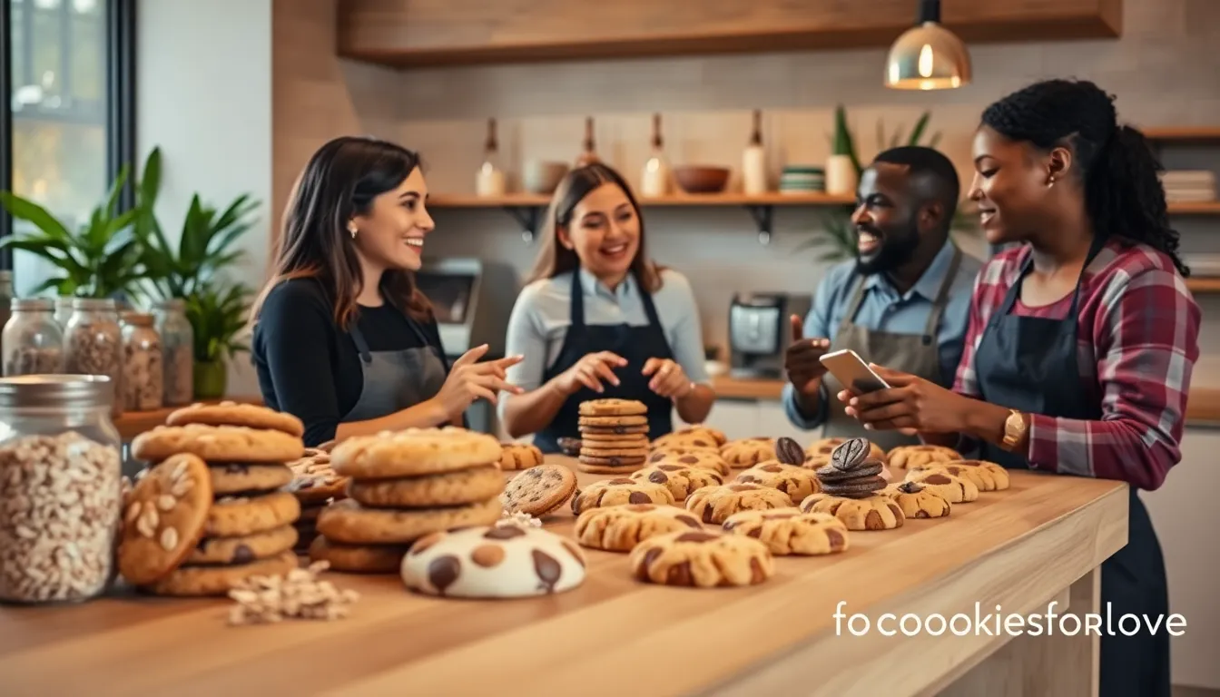 diverse team discussing healthy cookie recipes in a modern bakery.