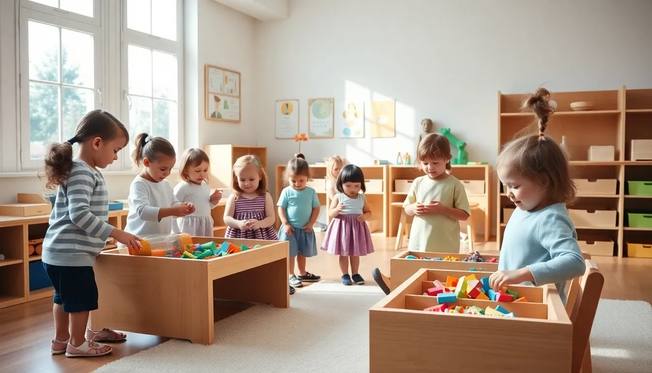 children engaged in hands-on learning in a Montessori classroom.