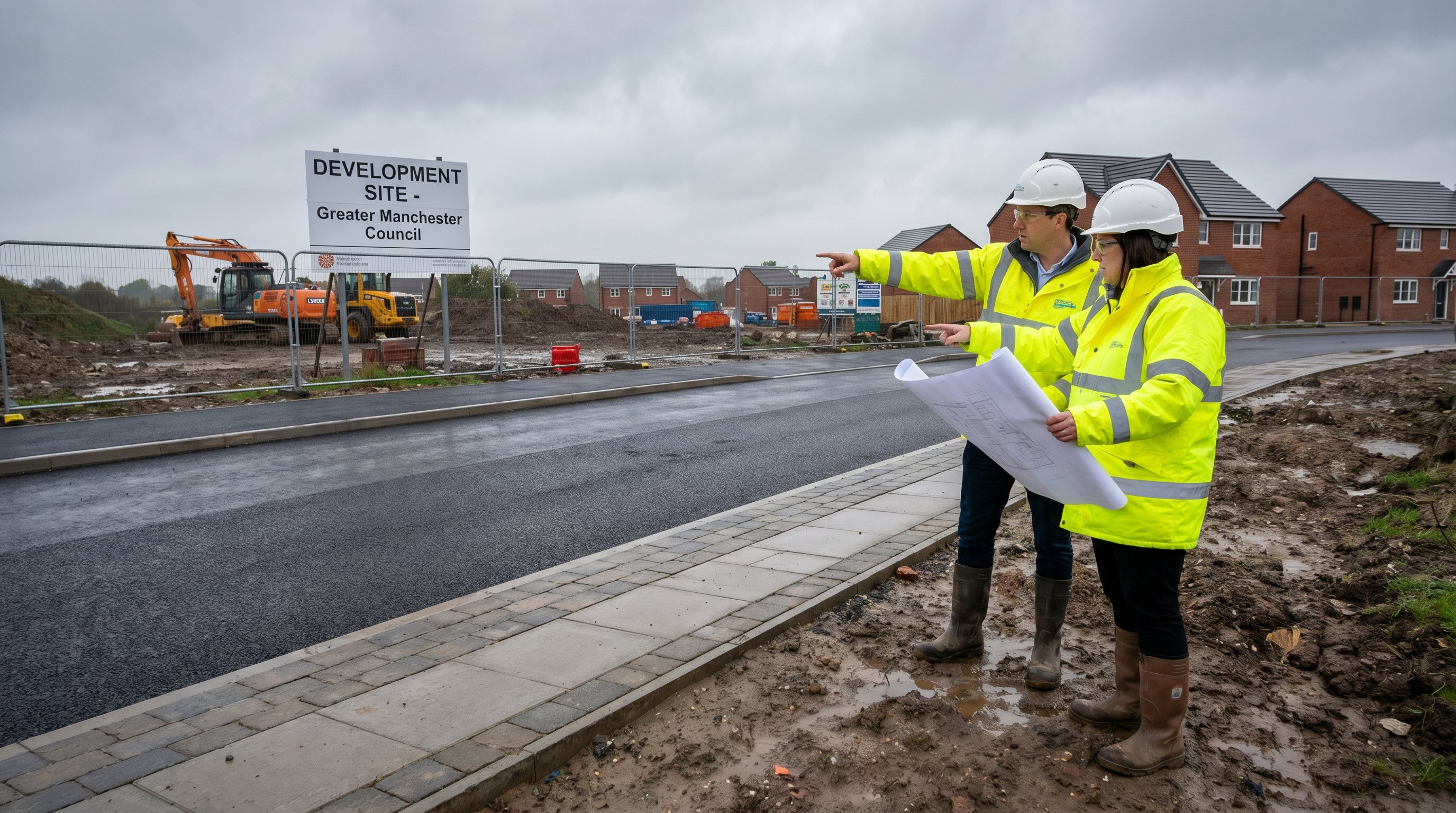 Traffic engineers assessing road access at a suburban development site.