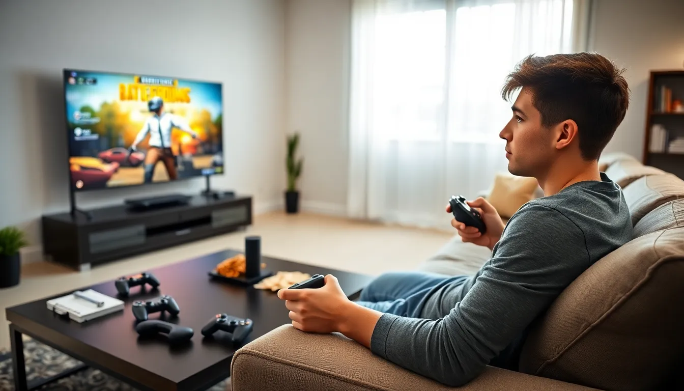 gamer playing PUBG Mobile with a controller in a modern living room.