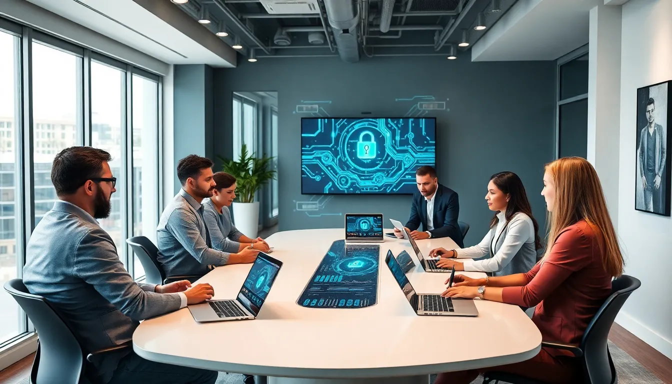 diverse team discussing technology at a modern conference table.