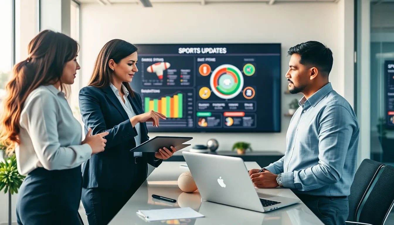 diverse team discussing sports updates in a modern office.