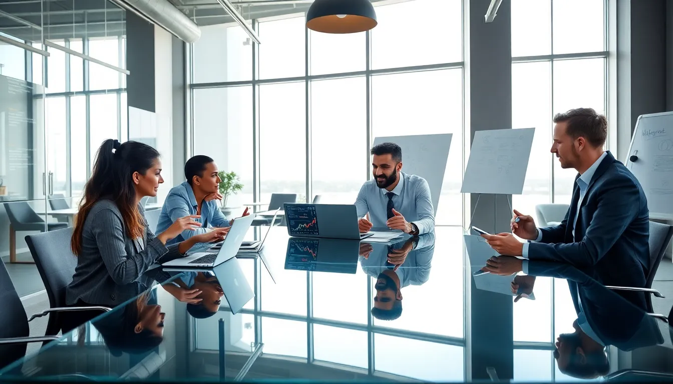 diverse professionals discussing technology's societal impact in a modern office.