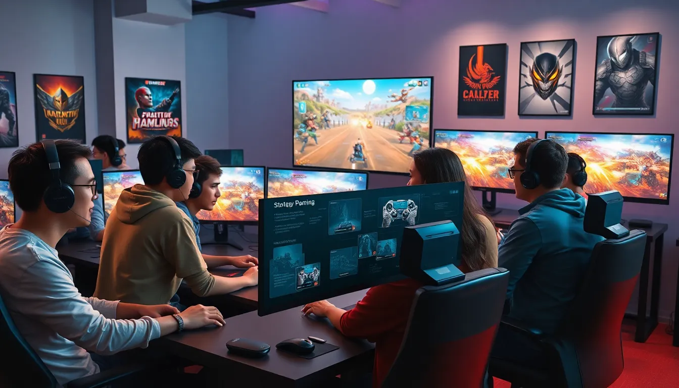 diverse gamers strategizing in a modern gaming room.