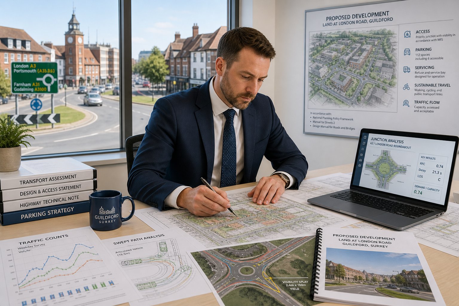 Traffic engineer reviewing development transport plans in a modern UK office.