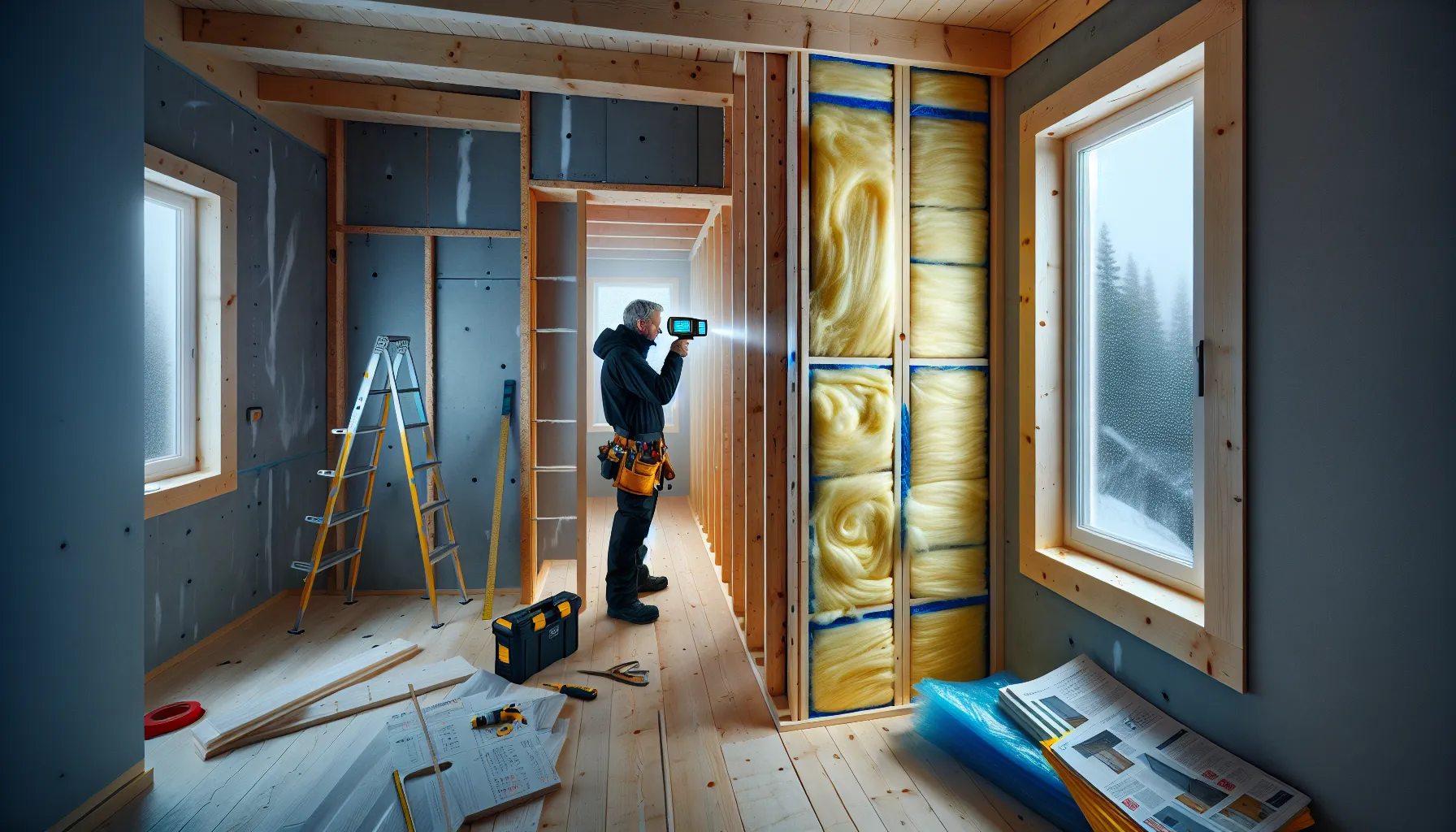 Craftsperson inspecting a norwegian wall cutaway with insulation, vapor barrier, and wind barrier.