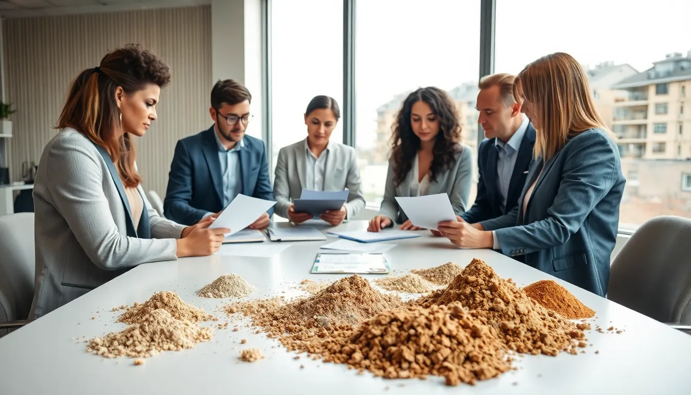 diverse team evaluating dust and debris in a modern real estate office.