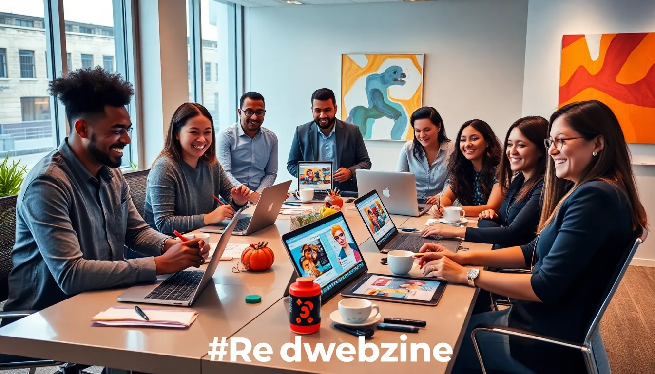 diverse professionals collaborating on social media content in a modern office.