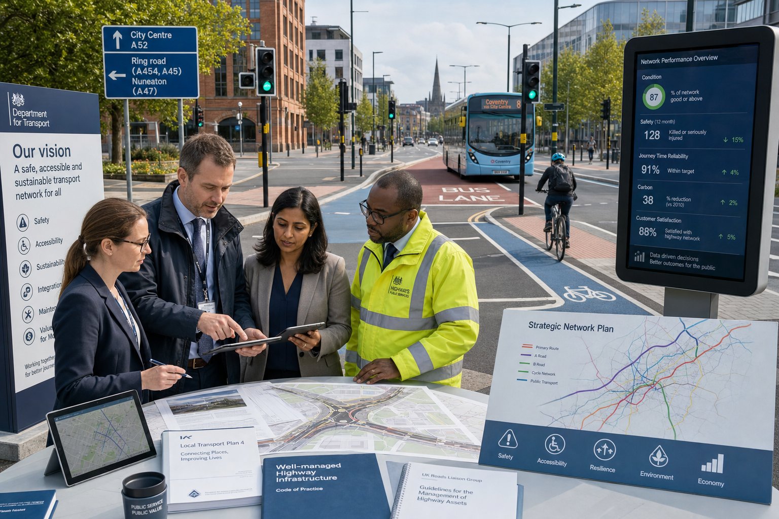 UK highway engineers reviewing a modern public road improvement project.