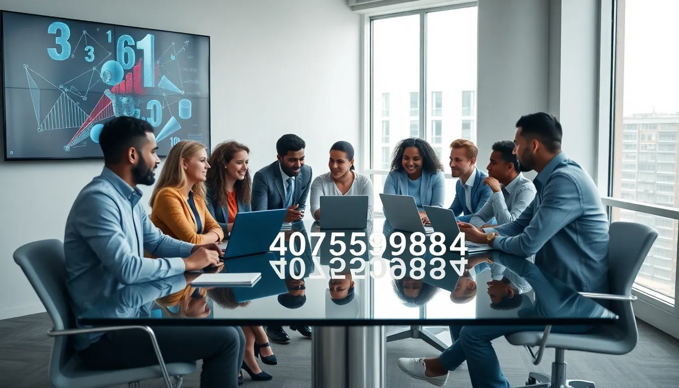 diverse team discussing the meaning of a numeric sequence in a conference room.