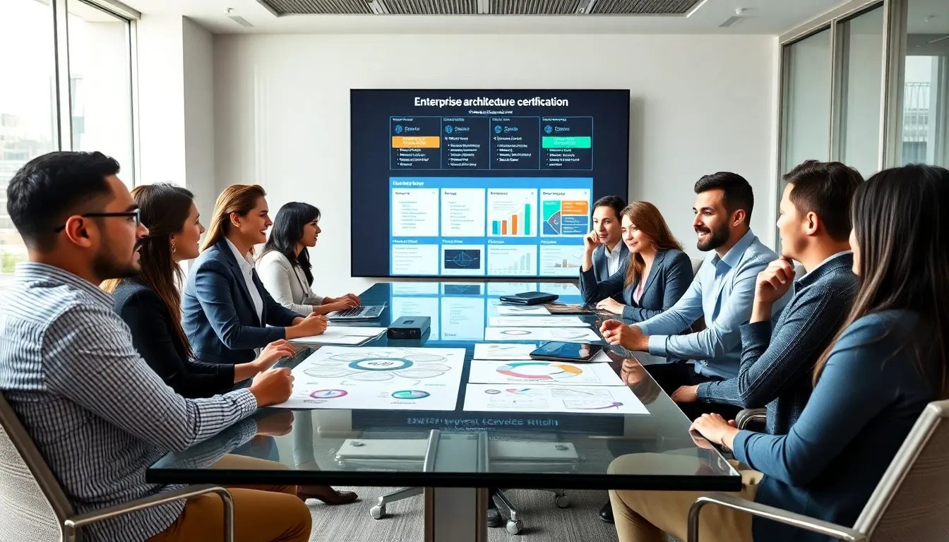 diverse team discussing enterprise architecture in a modern meeting room.